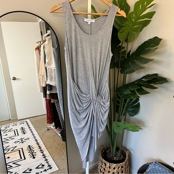 ✨ The Vanity Room Gray Ruched Midi Dress | Effortless Chic Minimalist Style - Picture 1 of 7